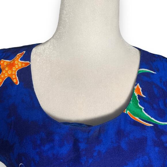 Vintage 90s In Gear Blue Ocean Fish Print Dress Tassel Hem Resort Boho Small - Picture 2 of 12